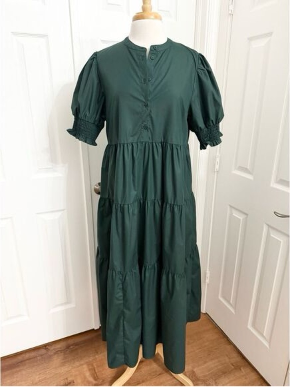 En Saison Womens Forest Green Tiered Poplin Midi Dress Size XS Peasant Flowy